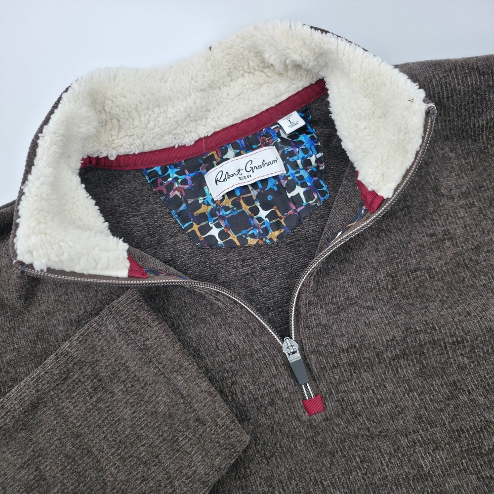 Robert Graham Mens Brown Quarter Zip Pullover Faux Shearling Collar Sweater L